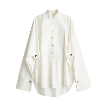 Elegant Irregular Women's Blouse Women Lapel Single Breasted Long Sleeve Shirt Lady Casual 2025 Spring New France Style Shirts