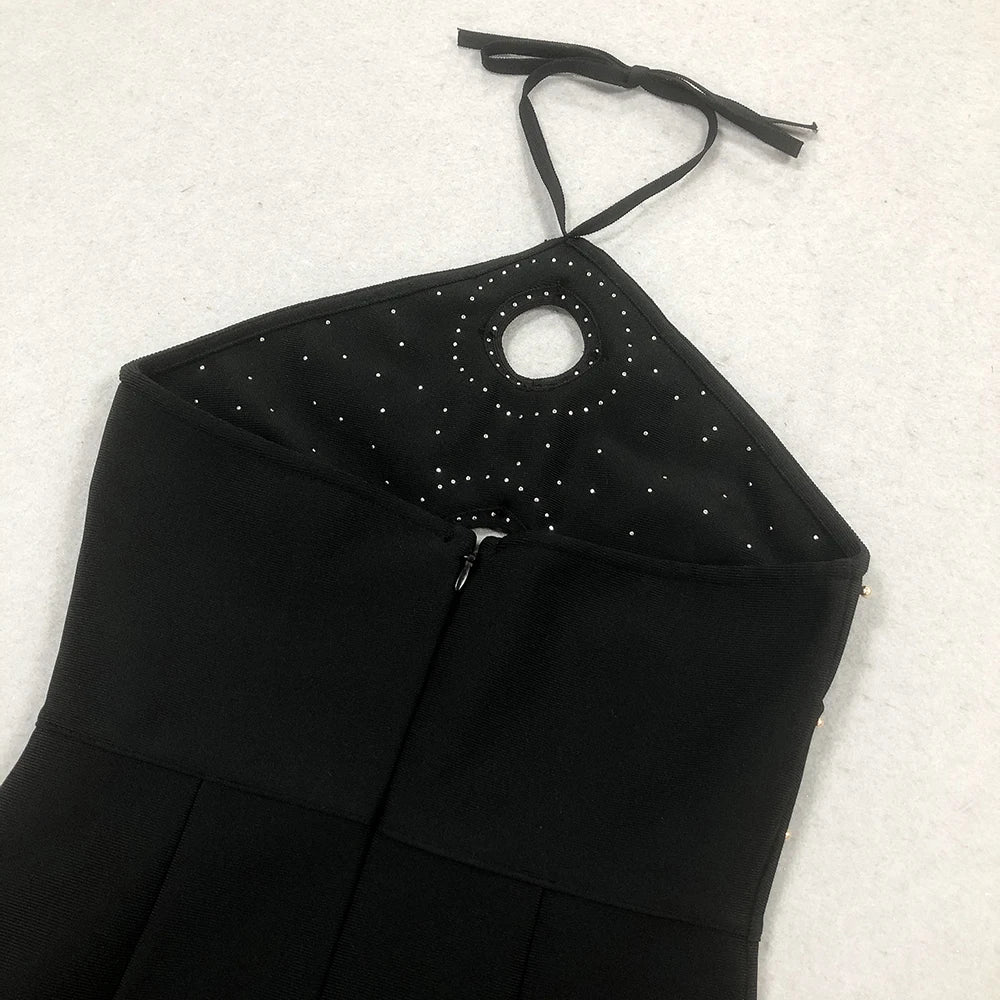 Halter Ring Cut Out Studded Thigh Slit Backless Maxi Gown