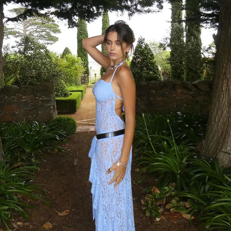 Sheer Lace Halter Neck Scarf Tie Open Back Side Slit Ruffle Hem Maxi Dress