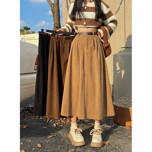 AmyVictoria | Classic Belt Corduroy Midi Skirt