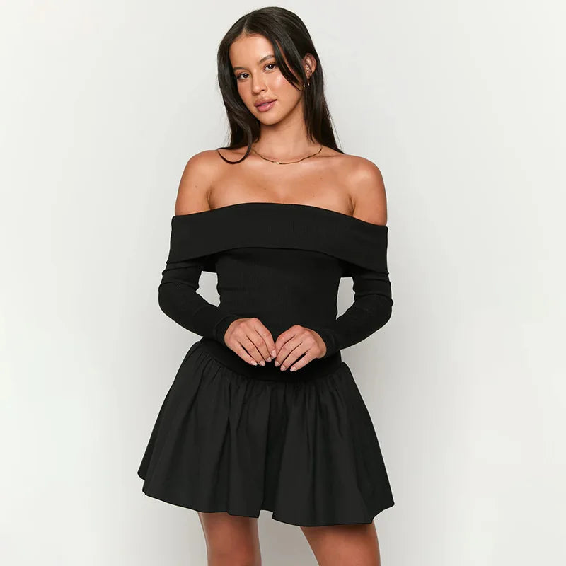 Off Shoulder Rib Knit Long Sleeve Pleated Skater Mini Dress