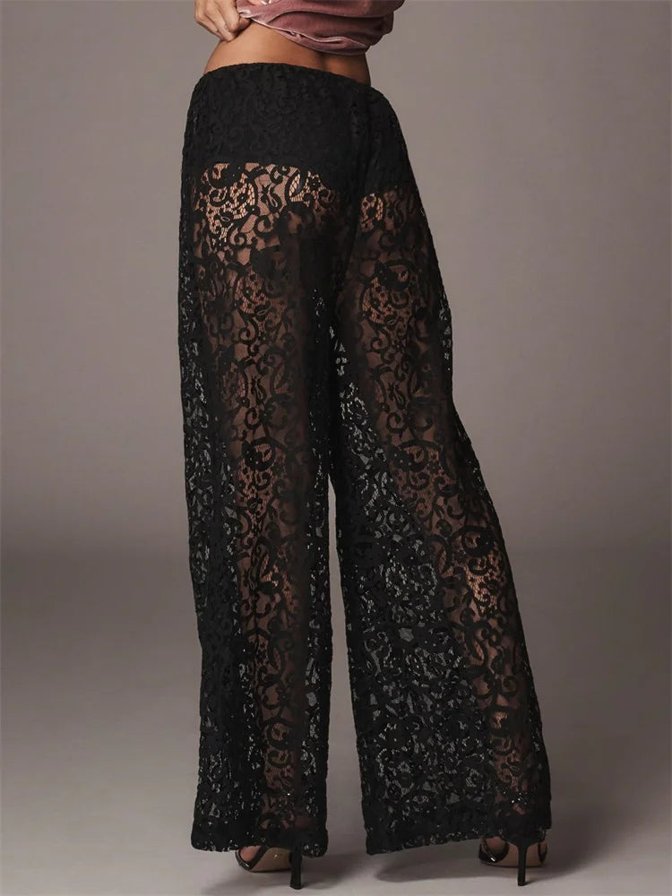 Lace Floral Mesh See-Through Black Wide Leg Pant