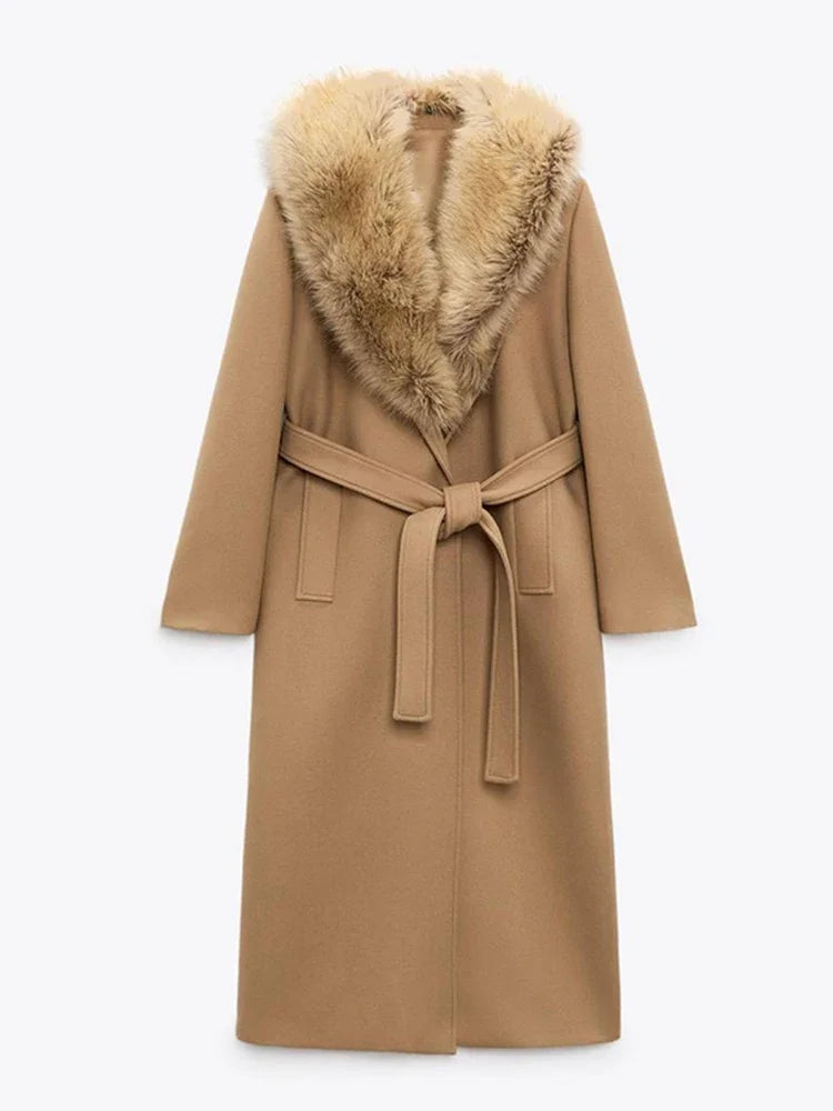 Women Faux Fur Patchwork Collar Woolen Belts Coat Button Up Pocket Casual Thicken Warm Outwear Female Winter Chic Jacket