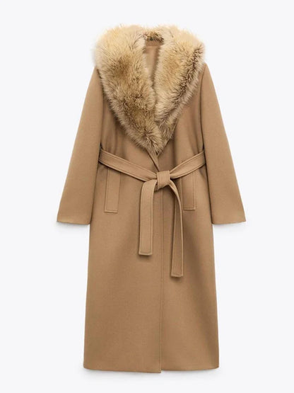 Women Faux Fur Patchwork Collar Woolen Belts Coat Button Up Pocket Casual Thicken Warm Outwear Female Winter Chic Jacket