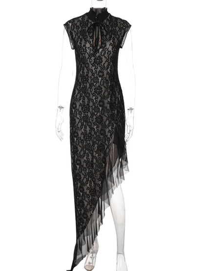 Mandarin Collar Keyhole Floral Lace Ruffled Hem High Low Maxi Dress