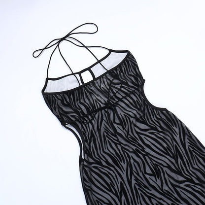 Zebra Print Flocked Mesh Halter Keyhole Cutout Bodycon Mini Dress