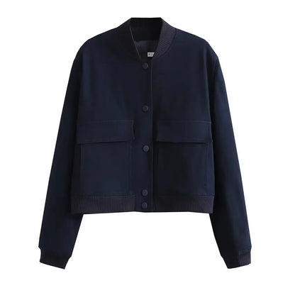 Basic Stand Collar Women Jacket Long Sleeve Cardigan Button Up Cropped Coat Baseball Outerwear Autumn Winter Clothes