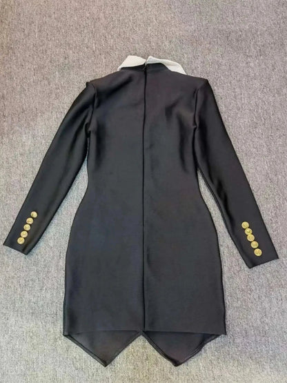 Contrast Collar Metal Button Flap Pocket Blazer Mini Dress
