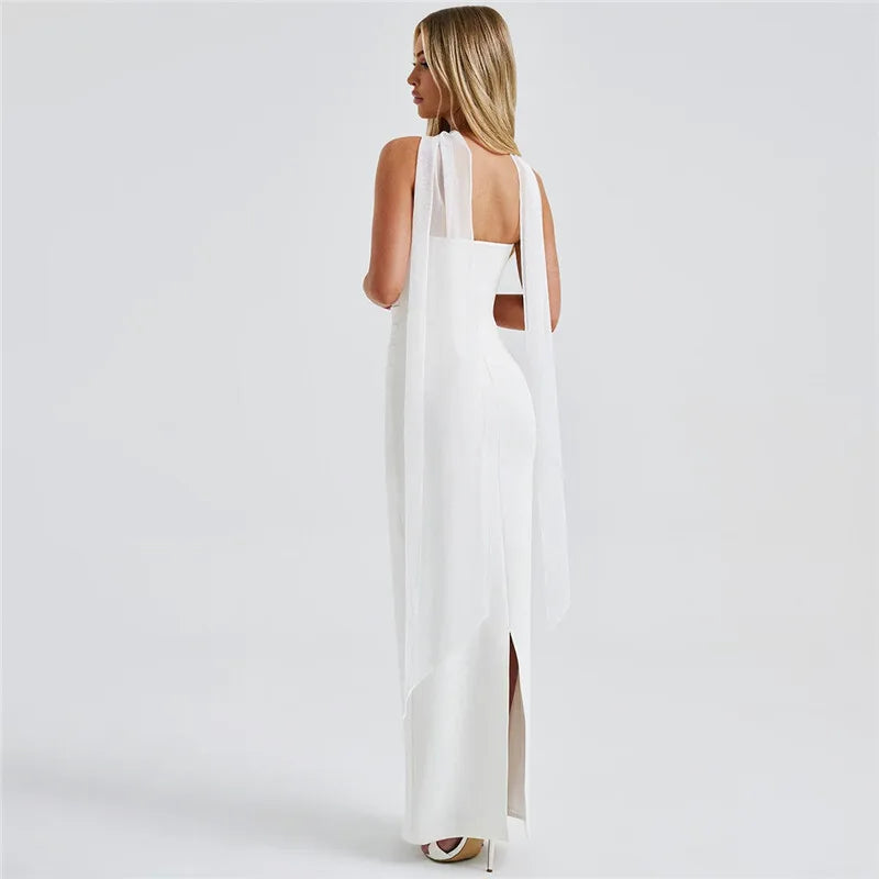 Strapless Ruched Waist Mesh Glove Bodycon Maxi Dress