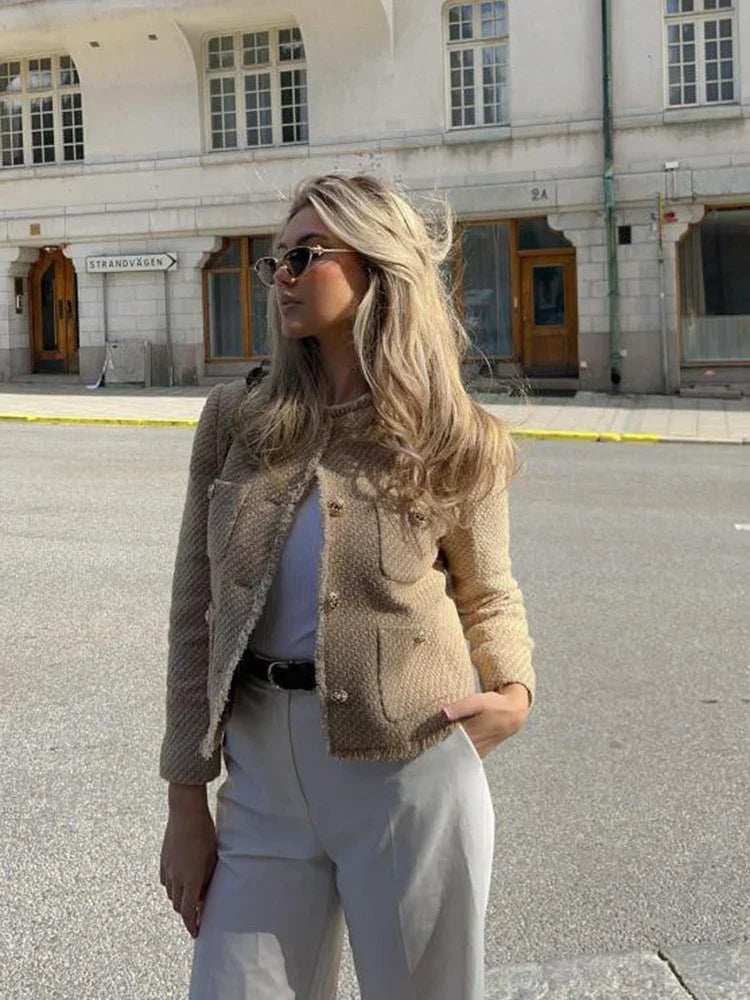 Fashion O-neck Pockets Short Coats For Women Autumn Long Sleeve Single Breasted Tweed Jacket New Chic Cropped Coats Female
