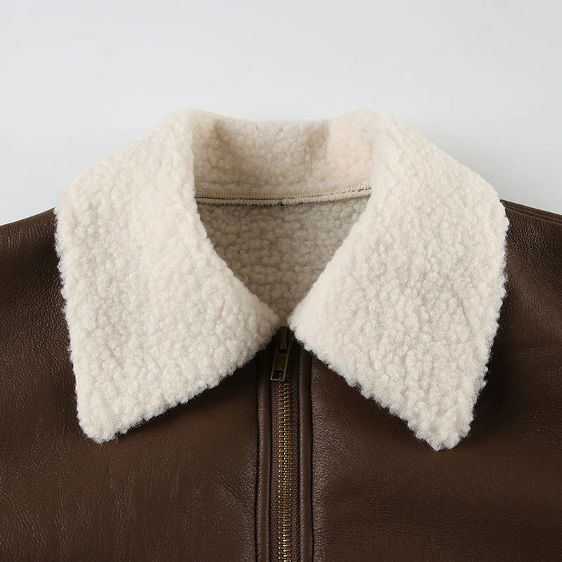 Casual Solid Patchwork Pu Leather Jackets Basic Turn-Down Collar Long Sleeve Coats Women Autumn Winter Fashion Lady