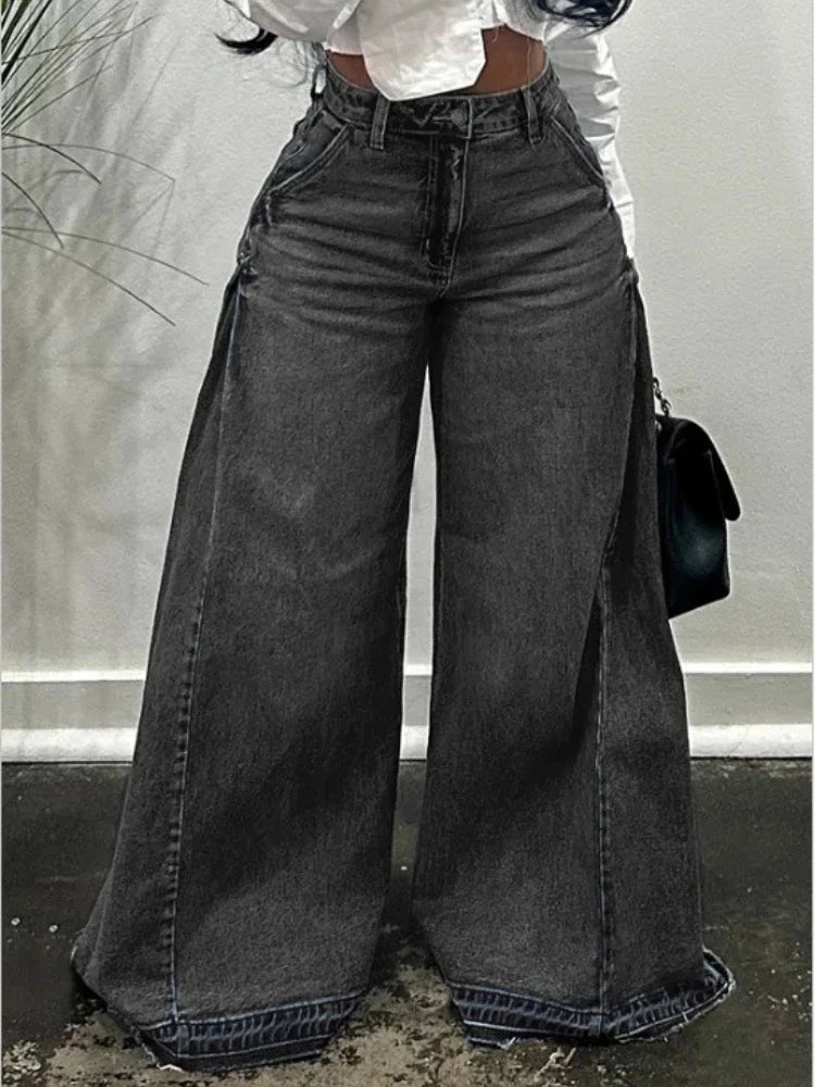 Blue Washed Women Flared Jeans Harajuku Y2k Oversized Wide Leg Spliced Tassel Denim Pants Baggy American Retro Trousers