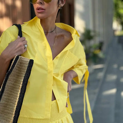 Solid Pocket Blouse Two-piece Set Women Single Breasted Short Sleeve Blouse+Elastic Waist Long Skirts Elegant Casual Skirts Sets