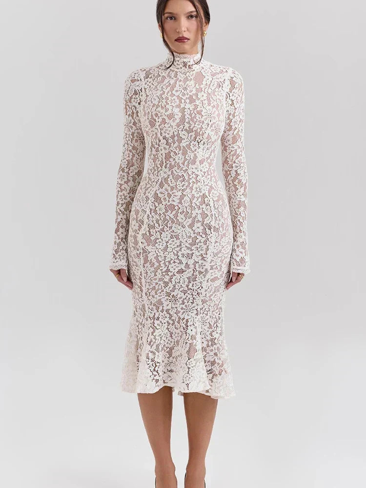 Floral Lace Mock Neck Long Sleeve Trumpet Hem Midi Dress