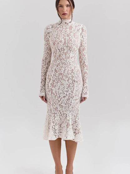 Floral Lace Mock Neck Long Sleeve Trumpet Hem Midi Dress