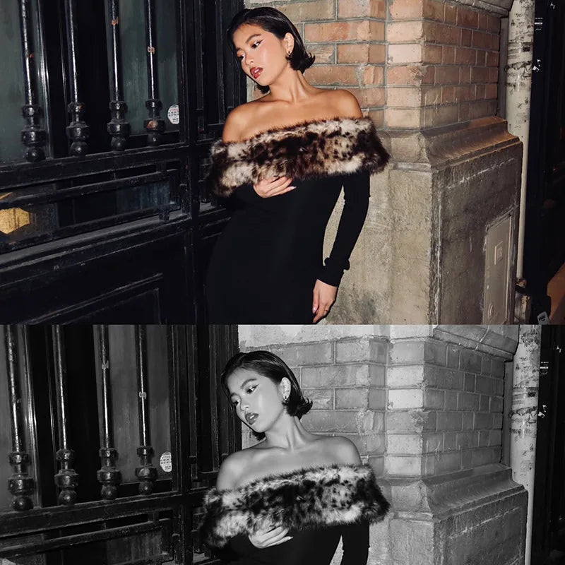 Off Shoulder Long Sleeve Faux Fur Trim Maxi Dress