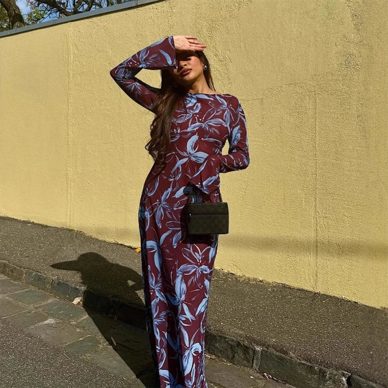 Retro Printed O-neck Holiday Dress Women Elegant Full Sleeve Waist-cinching Long Dresses Female 2025 Summer Chic Street Vestidos