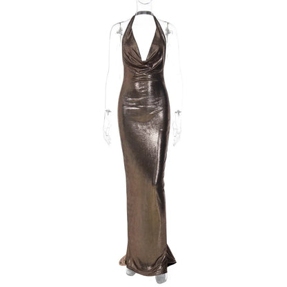Halter Deep V Neck Metallic Shimmer Fishtail Maxi Gown