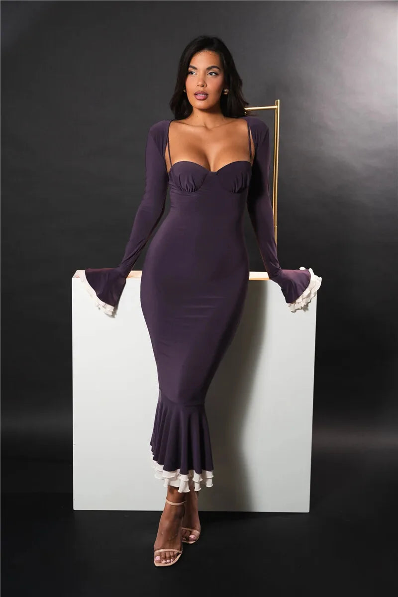Spaghetti Strap Sweetheart Bolero Bell Sleeve Ruffle Fishtail Midi Dress