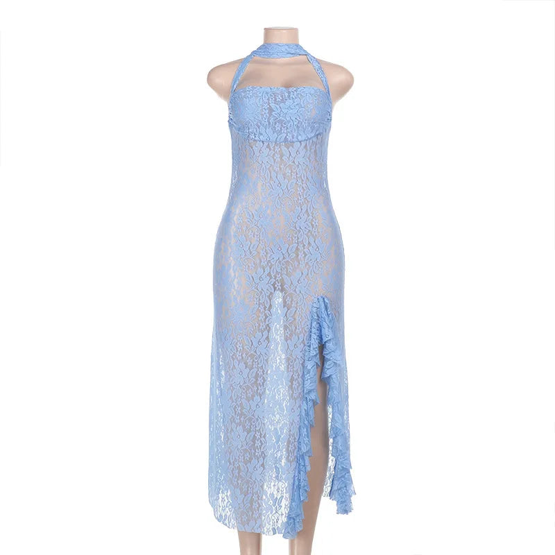 Sheer Lace Halter Neck Scarf Tie Open Back Side Slit Ruffle Hem Maxi Dress