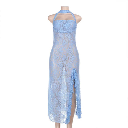 Sheer Lace Halter Neck Scarf Tie Open Back Side Slit Ruffle Hem Maxi Dress