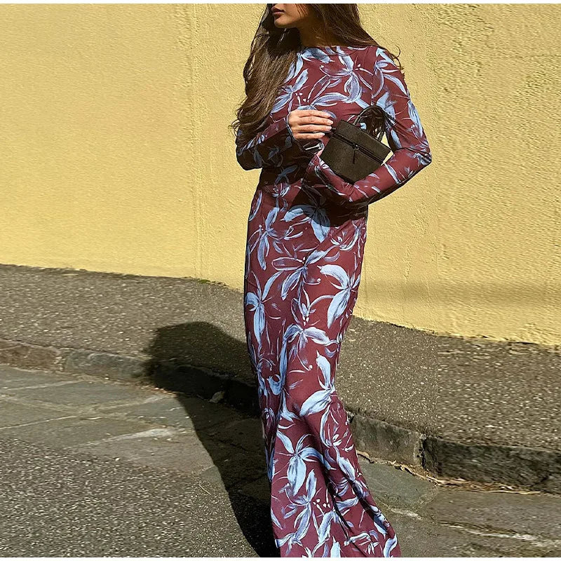 Retro Printed O-neck Holiday Dress Women Elegant Full Sleeve Waist-cinching Long Dresses Female 2025 Summer Chic Street Vestidos