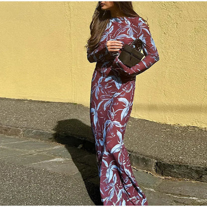Retro Printed O-neck Holiday Dress Women Elegant Full Sleeve Waist-cinching Long Dresses Female 2025 Summer Chic Street Vestidos