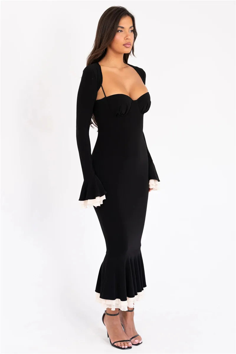 Spaghetti Strap Sweetheart Bolero Bell Sleeve Ruffle Fishtail Midi Dress