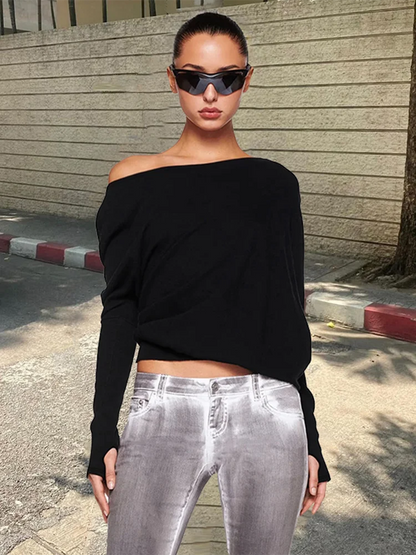 White Off-shoulder T-shirt Pollover For Women Loose Casual Short Top Party Club T-shirt Hot Girl Autumn New Long Sleeve