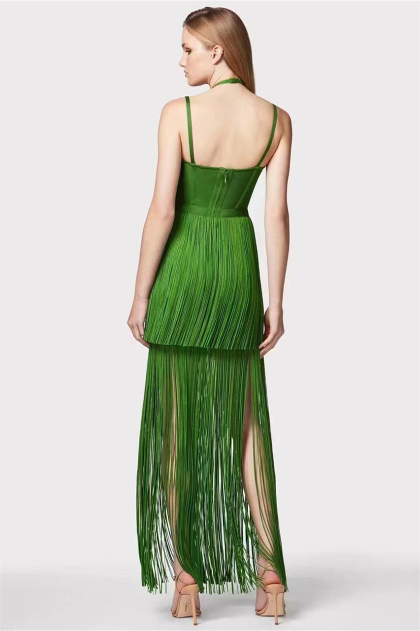 Phoebe Halter Fringed Maxi Dress