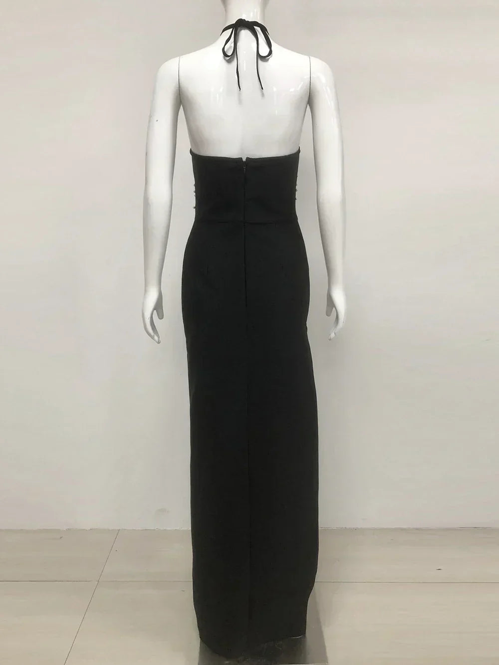 Halter Ring Cut Out Studded Thigh Slit Backless Maxi Gown
