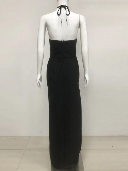 Halter Ring Cut Out Studded Thigh Slit Backless Maxi Gown