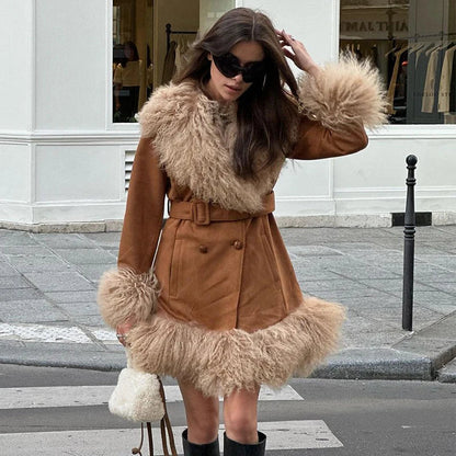 Suede And Fur Luxury Coat Women Plush Double Breasted Chic Turn-down Collar Belts Thick Outerwear Vintage Warm Feather Overcoat