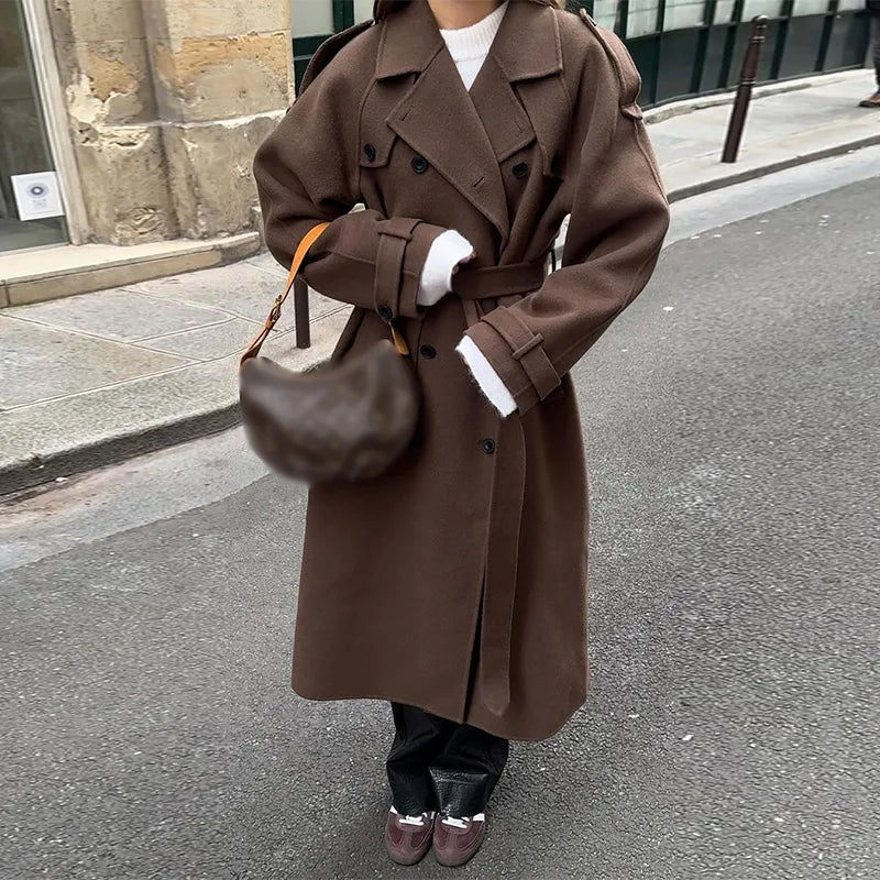 Casual Lapel Long Coats With Belt Women Lace Up Double Breasted Full Sleeve Overcoat Autumn Winter New Lady Streetwear