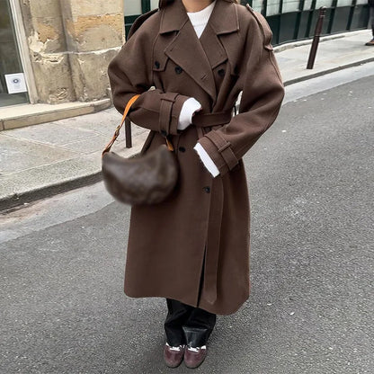 Casual Lapel Long Coats With Belt Women Lace Up Double Breasted Full Sleeve Overcoat Autumn Winter New Lady Streetwear