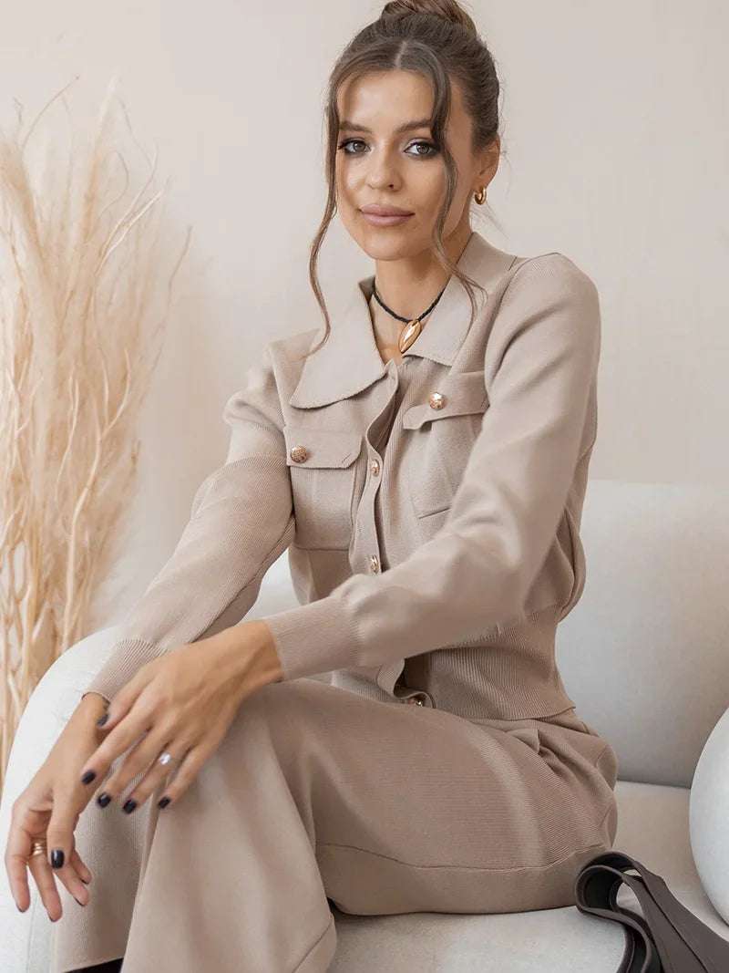 Knitted Slim-Fit Two Piece Set - Khaki