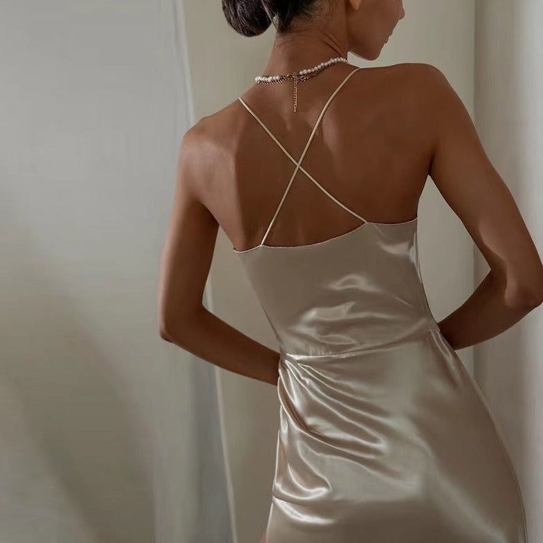 Satin Spaghetti Strap Draped Wrap Ruched Side Slit Midi Dress