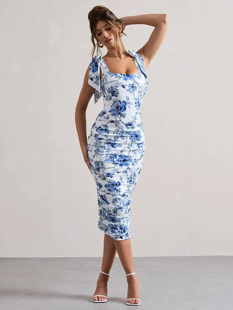Floral Print Square Neck Tie Shoulder Strap All-Over Ruched Bodycon Midi Dress