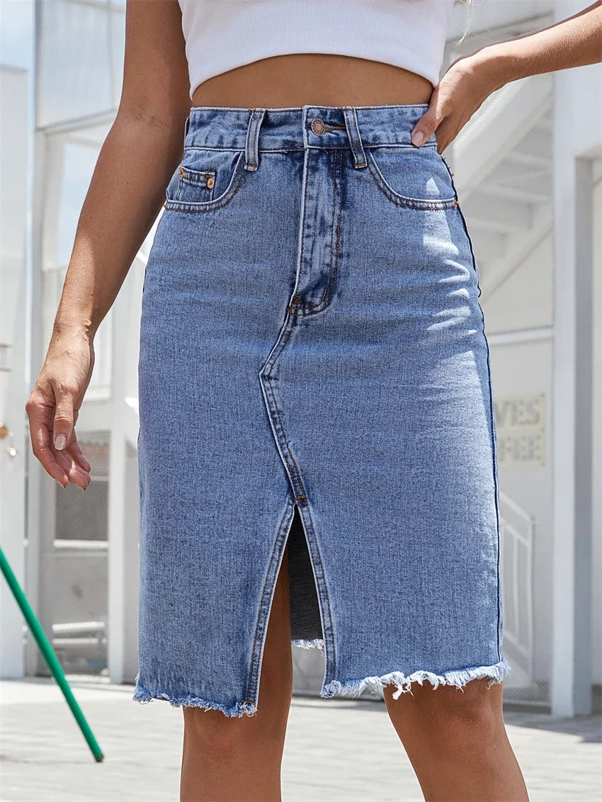 AmyVictoria | Casual Slit Midi Denim Skirt
