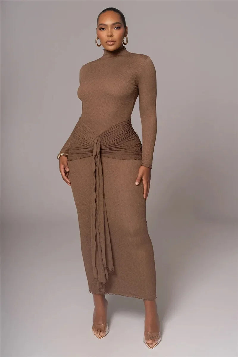 Mock Neck Long Sleeve Textured Knit Waist Tie Two Piece Set
