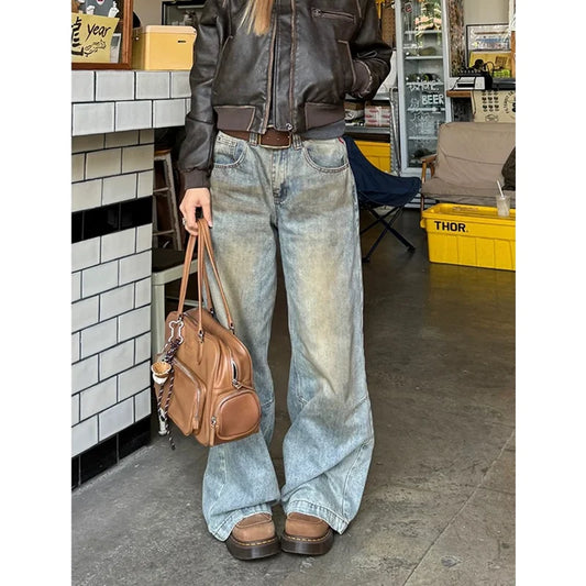 Women's Street Casual 2000s Pants Baggy Y2K Wide Leg Washed Grunge Denim Trouser American Vintage High Waist Straight Emo Jeans