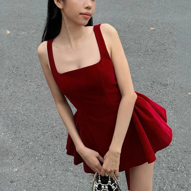 Spaghetti Strap Open Back Oversized Bow Flared Mini Dress