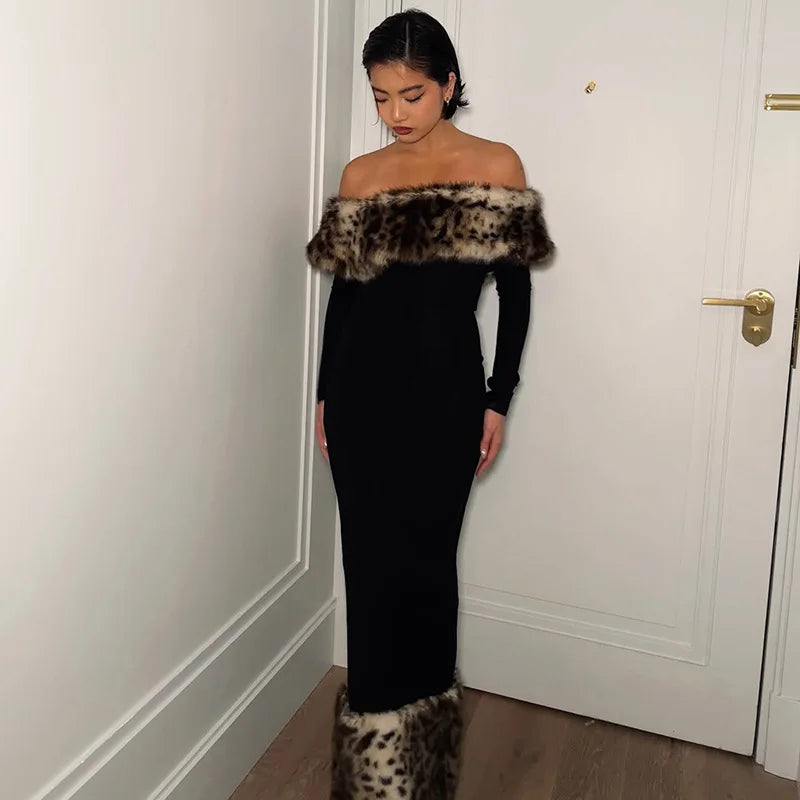 Off Shoulder Long Sleeve Faux Fur Trim Maxi Dress