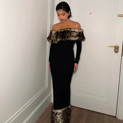 Off Shoulder Long Sleeve Faux Fur Trim Maxi Dress