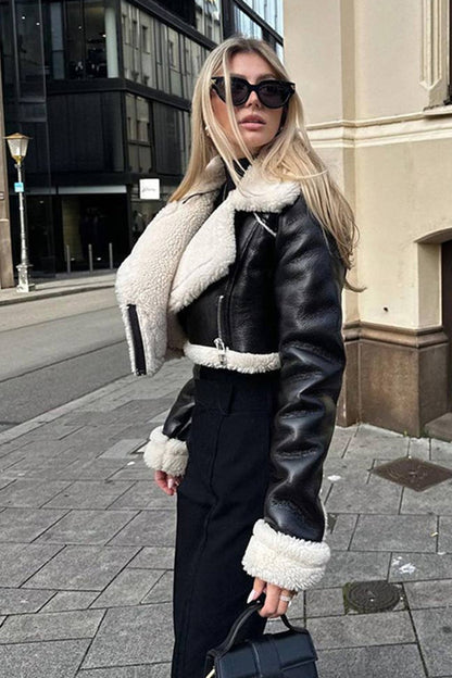 Lapel Cropped Faux Leather Jacket