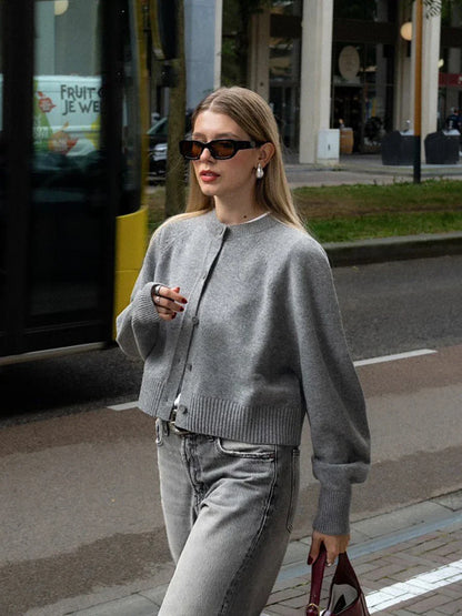 Solid Cropped Cardigan Sweater Women Autumn Long Sleeve O Neck Single Breasted Jumpers New Casual Fashion Knitted Outerwear