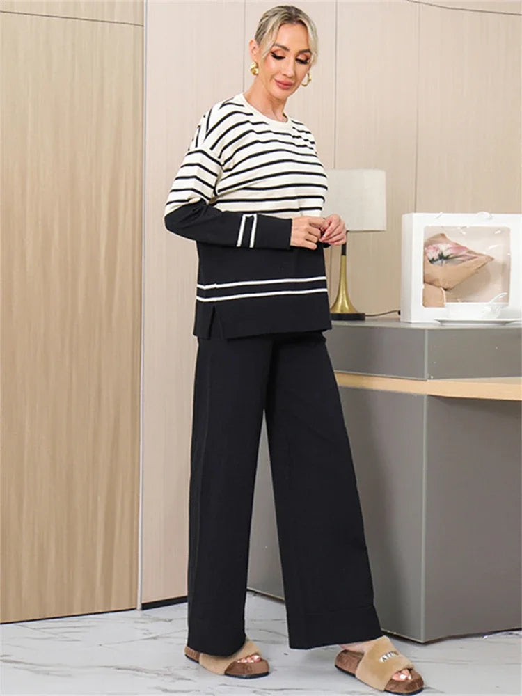 Black - Striped Knitted Loose Two Piece Set