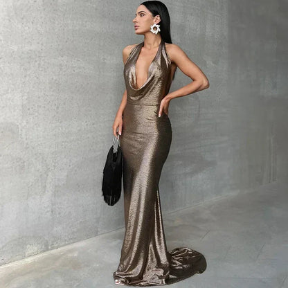 Halter Deep V Neck Metallic Shimmer Fishtail Maxi Gown