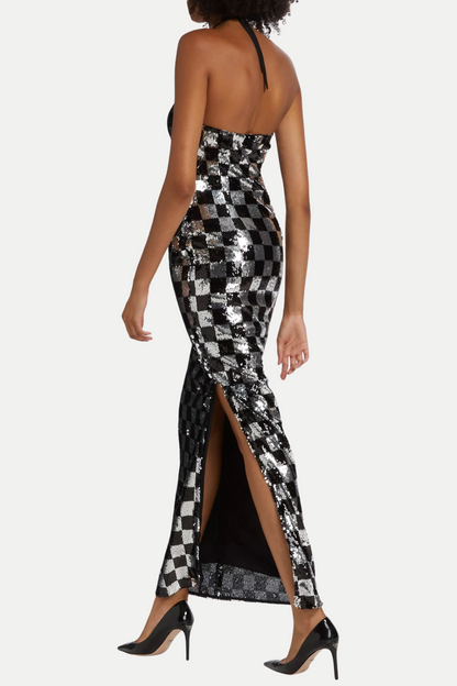 Amaury Checkered Flower Seuiqn Halter Maxi Dress