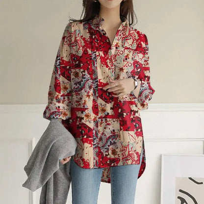 Women's Colorful Print Button-Up Shirt – Loose Fit Long Casual Top